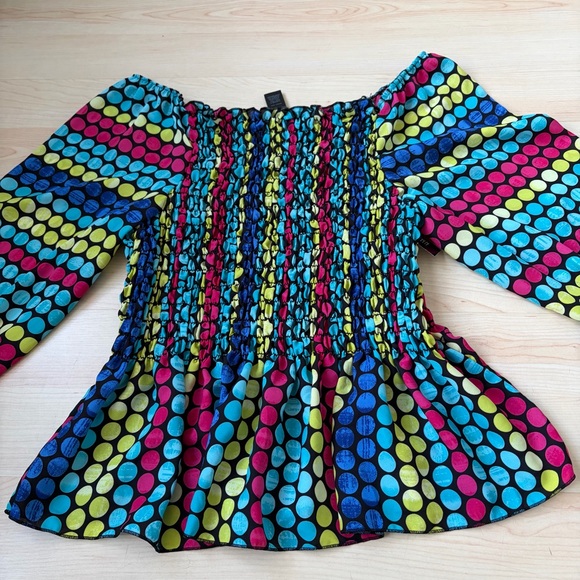 Ashley Stewart Sz 14/16 Multicolor Polka Dot Off-Shoulder Blouse Bell Sleeves - Picture 3 of 4